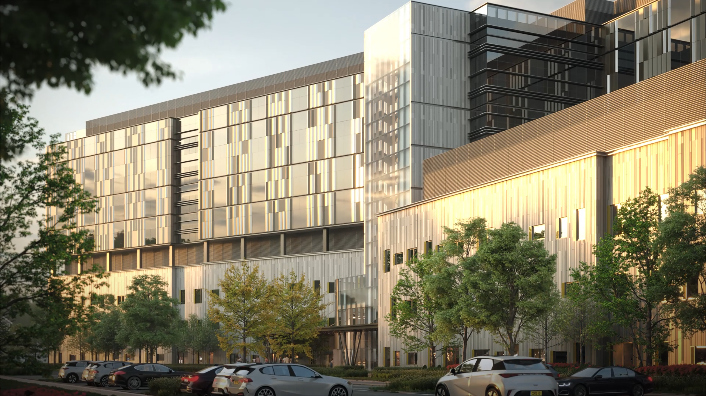 An exterior shot of a modern hospital